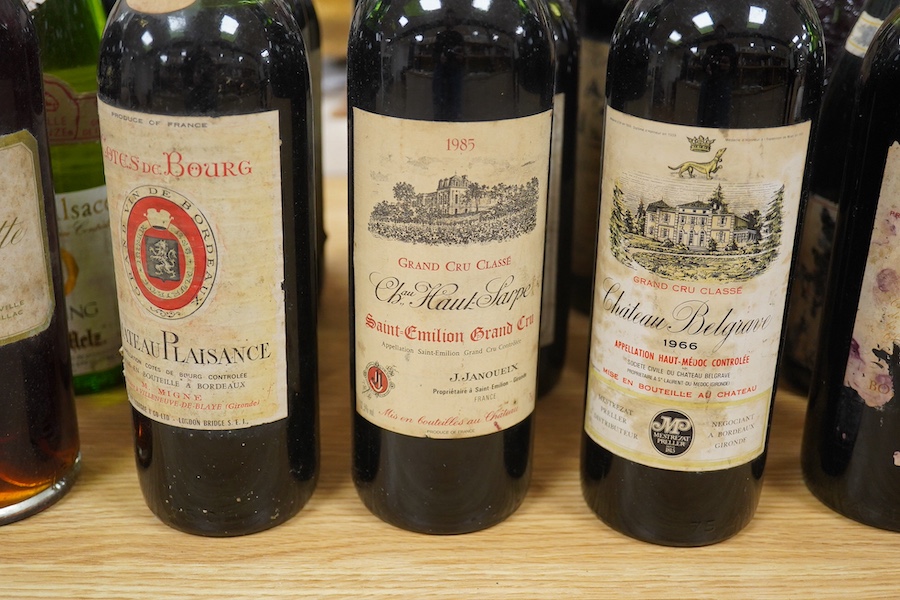 Eighteen bottles of wine, including; a 1950 Chateau Gilette, a 1966 Chateau Belgrave, a 1985 Chateau Haut Sarpe Grand Cru Classe, a 1985 Chateau La Croix Pomerol, a 1967 Chateau Plaisance Cotes de Bourg, etc. Condition -